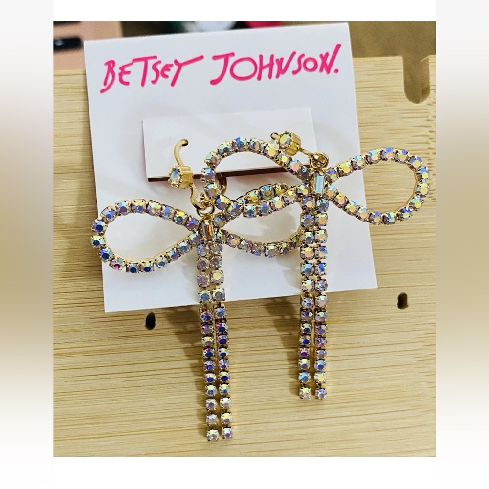 Betsey Johnson Crystal Bow Drop Earrings New
